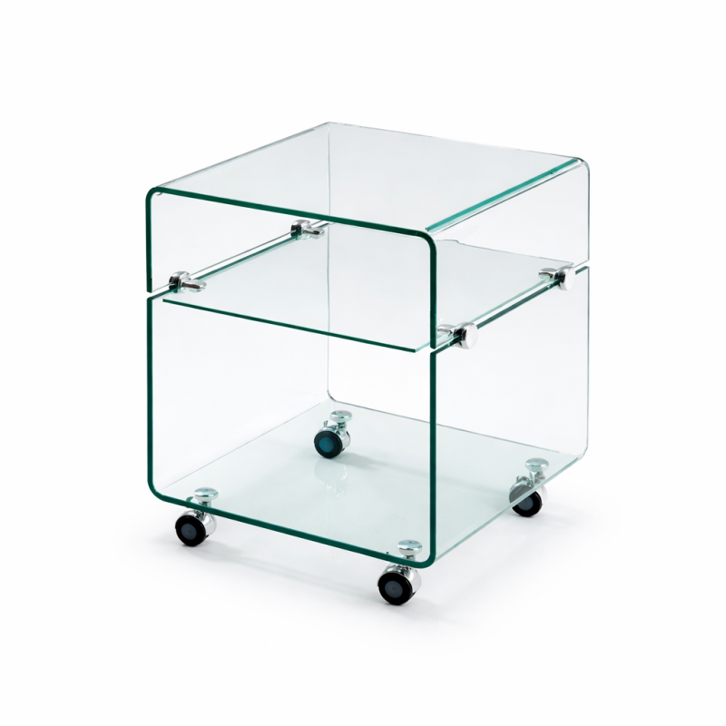 Mesa ARMSTRONG, baja, ruedas, cristal curvado