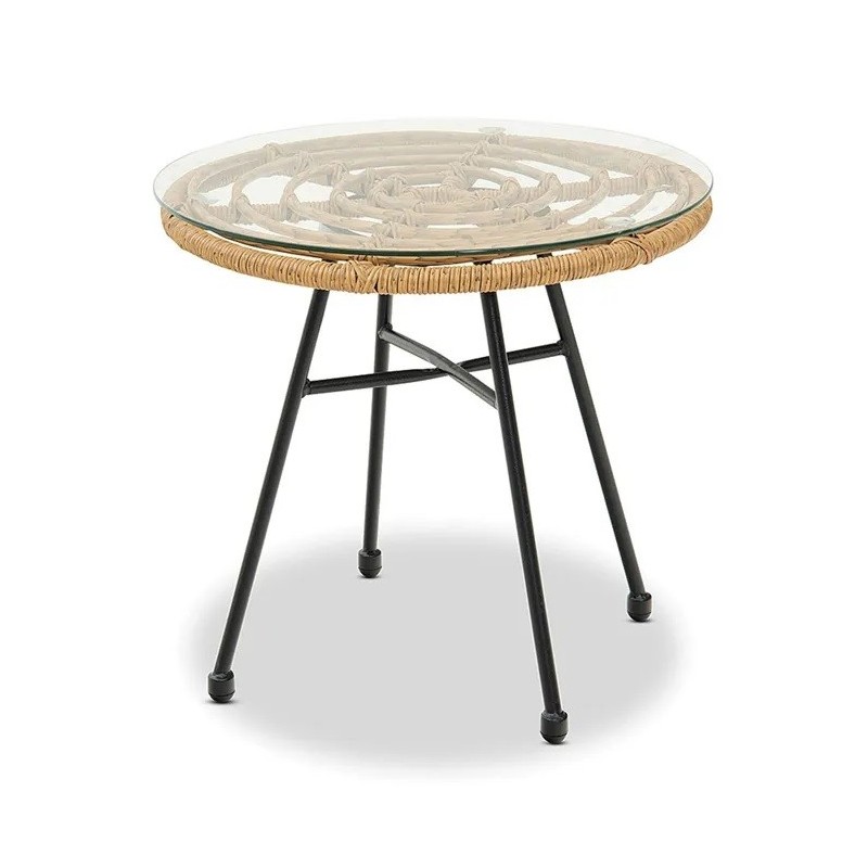 Mesa DEWA, baja, metal, ratán, cristal