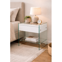 Mesa DARLING, cristal templado, cajón blanco