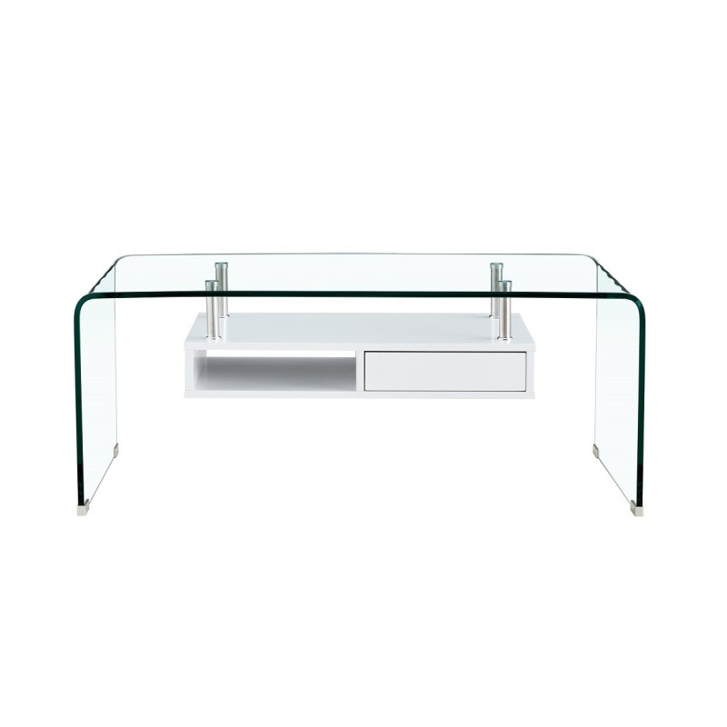 Mesa NEWARK, baja, estante blanco, cristal curvado