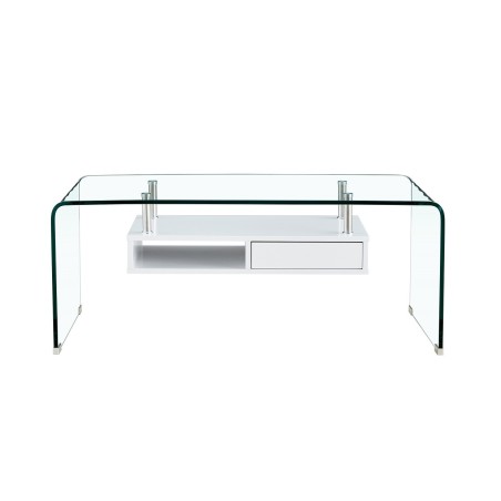 Mesa NEWARK, baja, estante blanco, cristal curvado