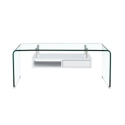 Mesa NEWARK, baja, estante blanco, cristal curvado