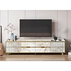 Mueble de TV ELOISE, bilaminado mármol blanco con detalles dorados