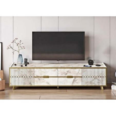Mueble de TV ELOISE, bilaminado mármol blanco con detalles dorados