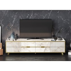 Mueble de TV ELOISE, bilaminado mármol blanco con detalles dorados