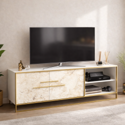 Mueble de TV SIENA, bilaminado mármol blanco con metal dorado