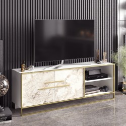 Mueble de TV SIENA, bilaminado mármol blanco con metal dorado