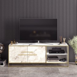 Mueble de TV SIENA, bilaminado mármol blanco con metal dorado