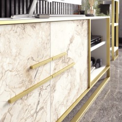Mueble de TV SIENA, bilaminado mármol blanco con metal dorado