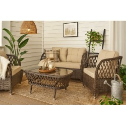 Set MARBELLA, 2 Sillones + Sofá 2 plazas + mesa, aluminio, ratán chocolate