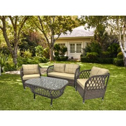 Set MARBELLA, 2 Sillones + Sofá 2 plazas + mesa, aluminio, ratán chocolate