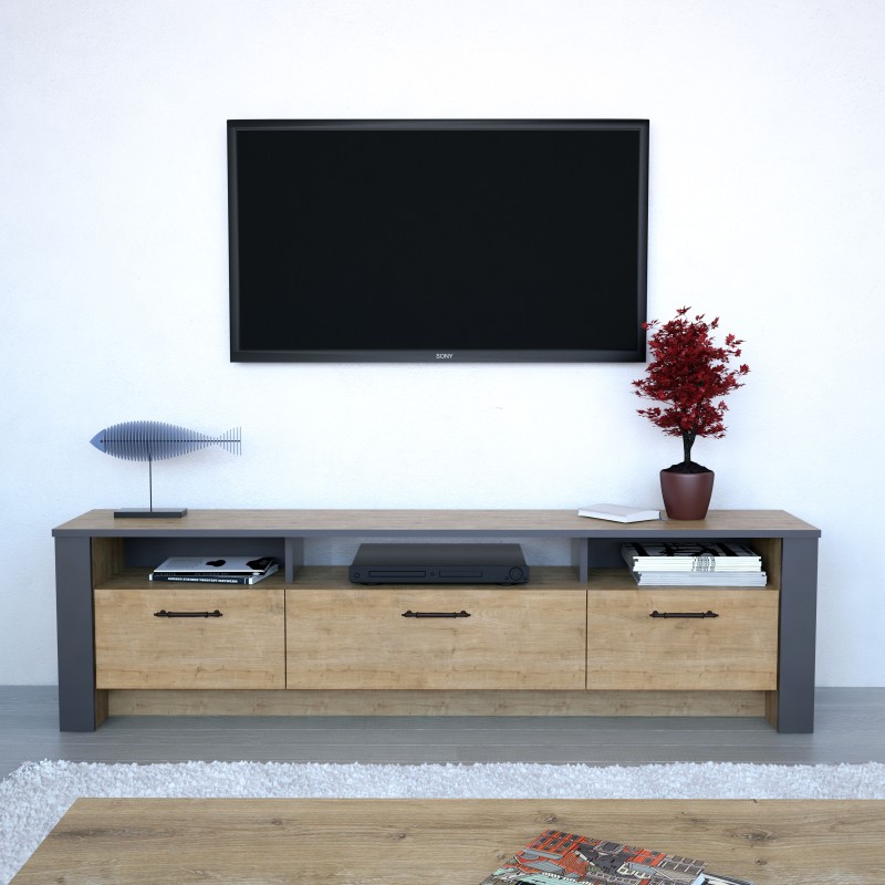 Mueble de TV PHILIPPA, bilaminado roble con gris oscuro