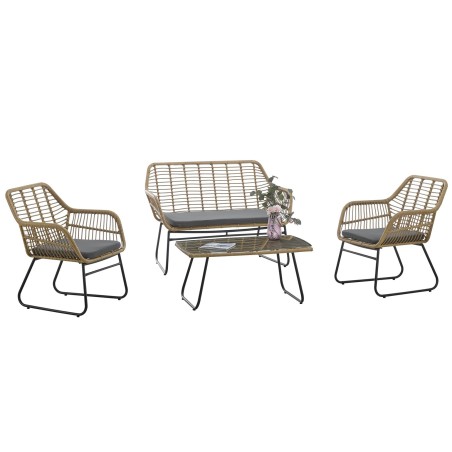 Set KROYA, 2 Sillones + Sofá 2 plazas + mesa, metal, ratán beige