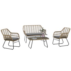 Set KROYA, 2 Sillones + Sofá 2 plazas + mesa, metal, ratán beige
