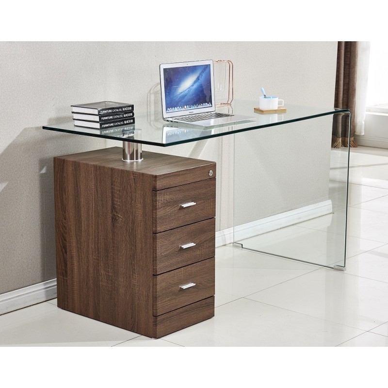 Mesa ARTEMISA, cristal curvado, cajonera bilaminada