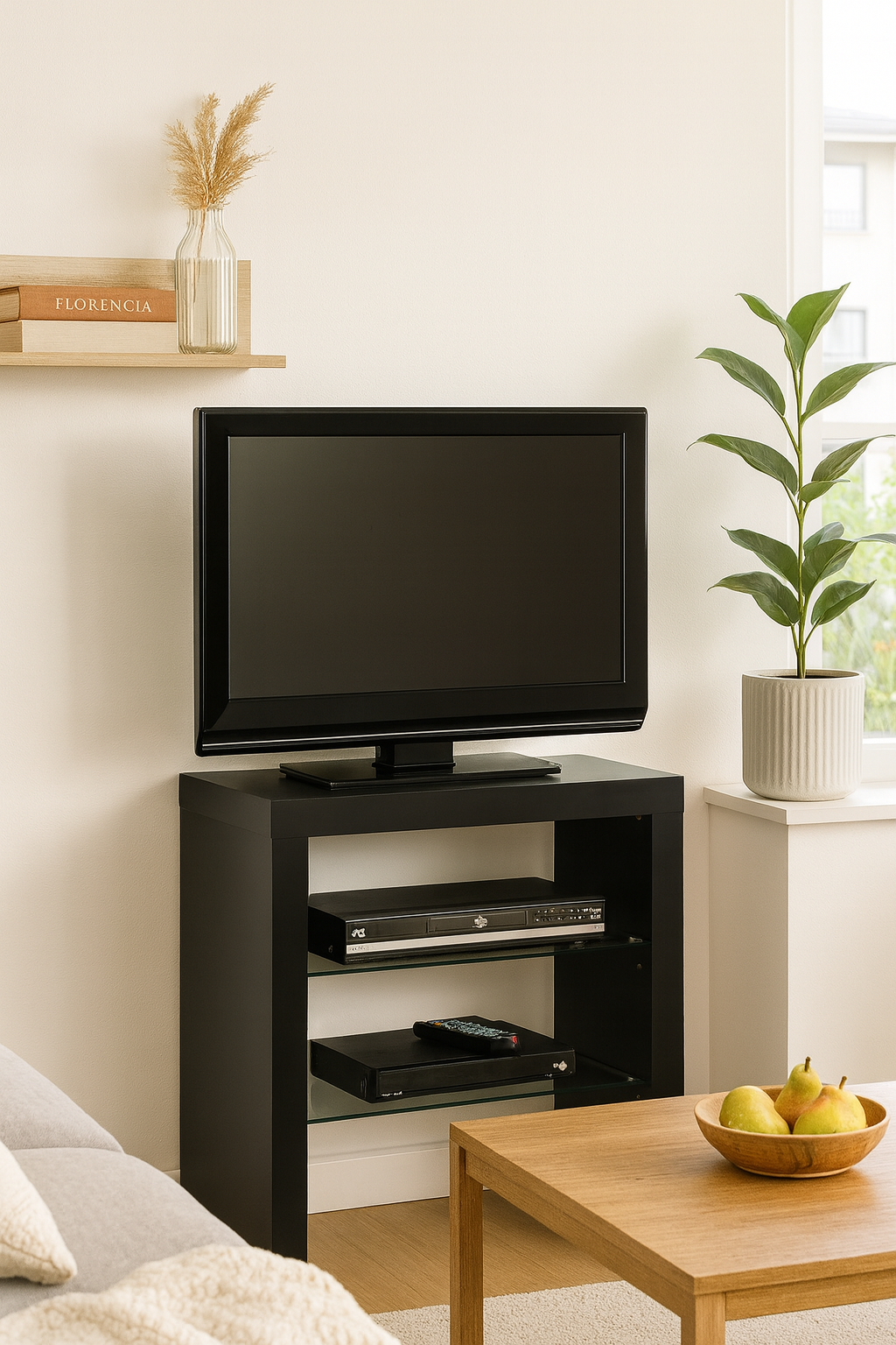 MESA TV/HIFI MAX.24" ATAMBORADA NEGRA C/3 ESTAN. CRISTAL 800x550x395mm