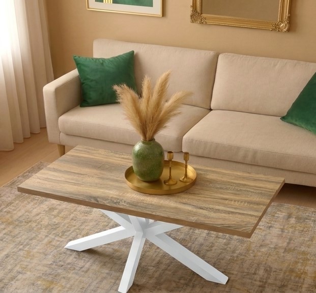 MESA CENTRO STACY RECTANGULAR TAPA ROBLE ASERRADO PATAS BLANCAS
