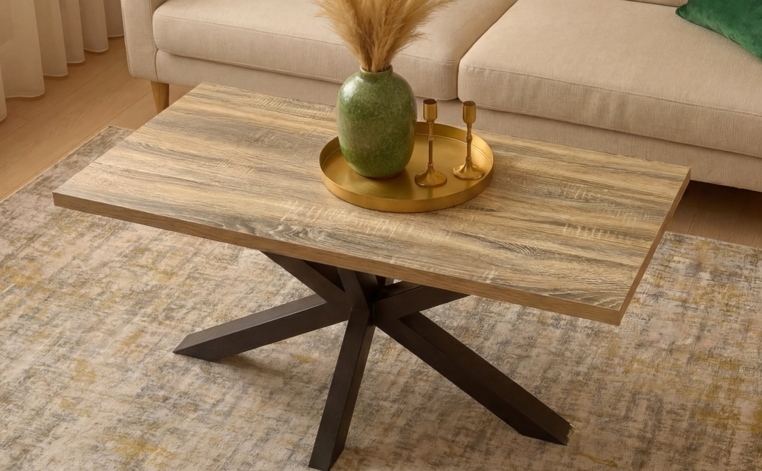 MESA CENTRO STACY RECTANGULAR TAPA ROBLE ASERRADO PATAS NEGRAS