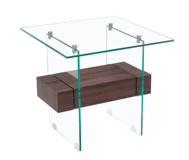 Mesa SUIZA, baja, madera, cristal, 55 x 55 cms