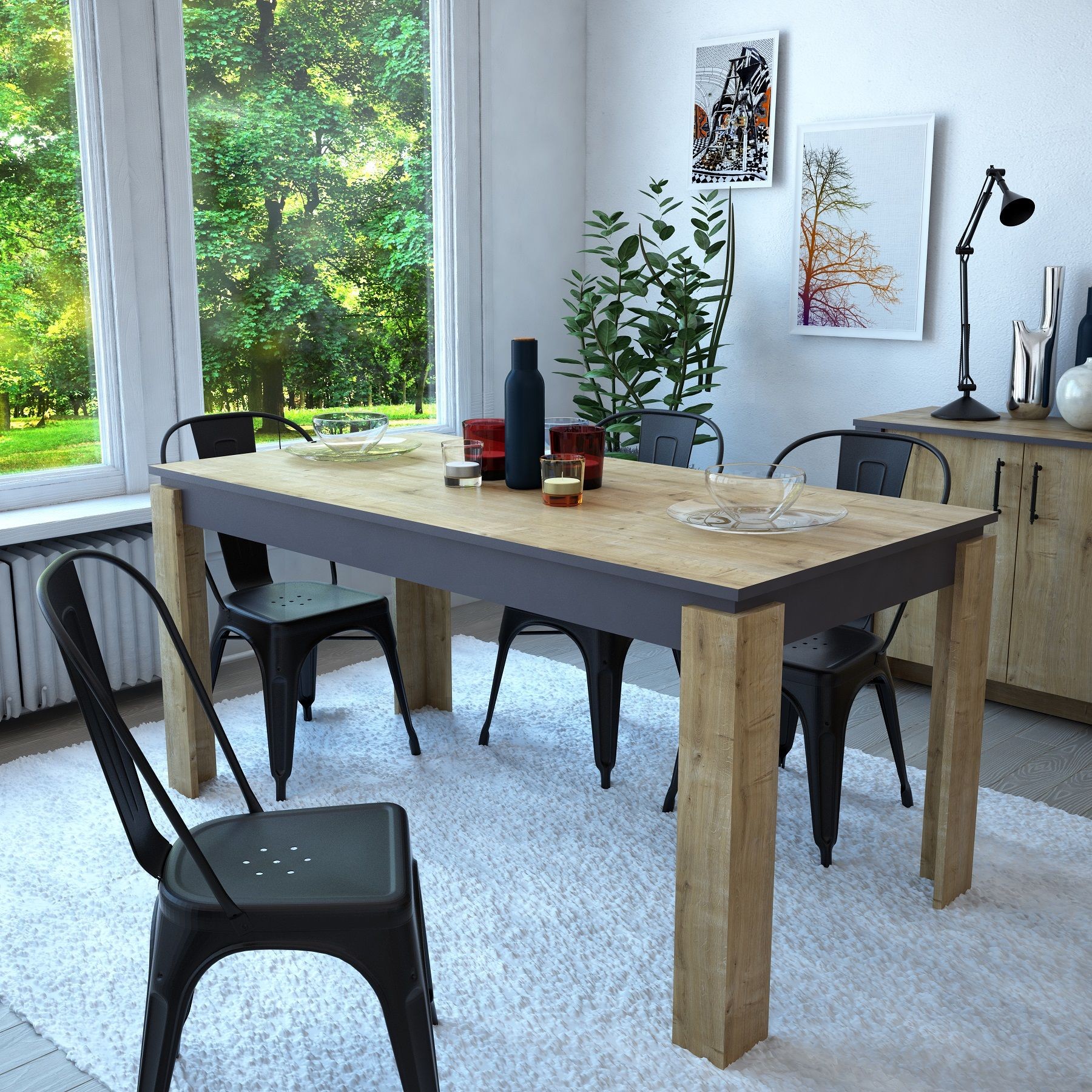 Mesa de comedor PHILIPPA, bilaminado roble con gris oscuro, 160 x 80 cms.