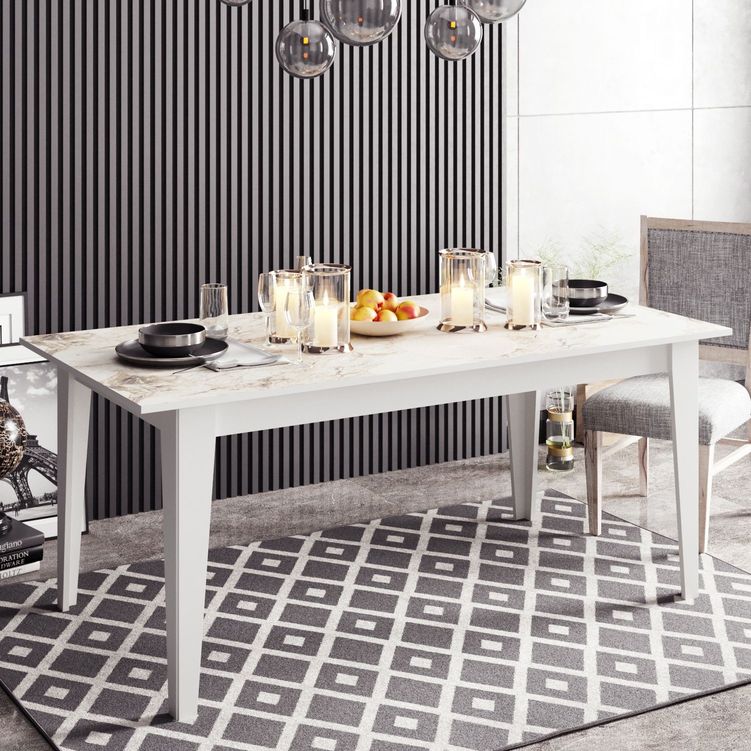 Mesa de comedor SIENA, bilaminado mármol blanco, 180 x 90 cms.