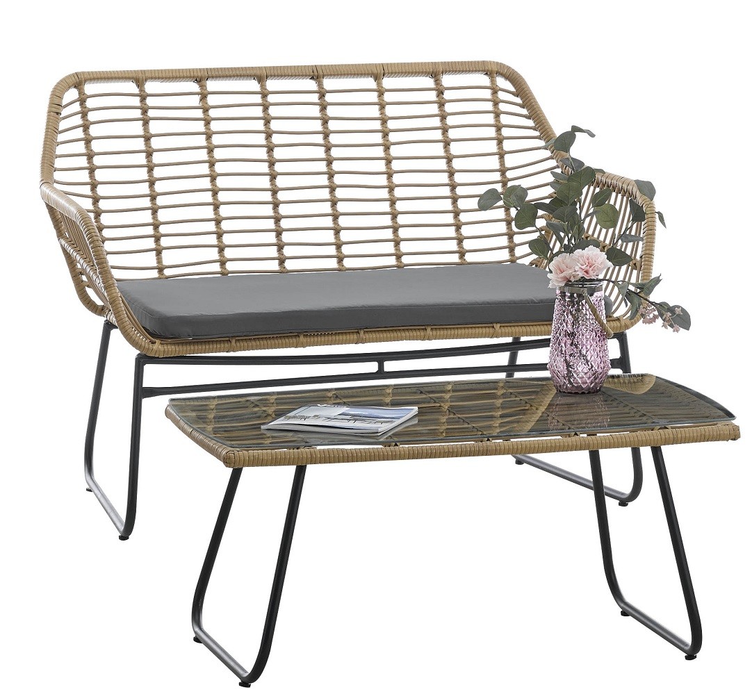 Sofá KROYA, metal, ratán beige, cojín negro