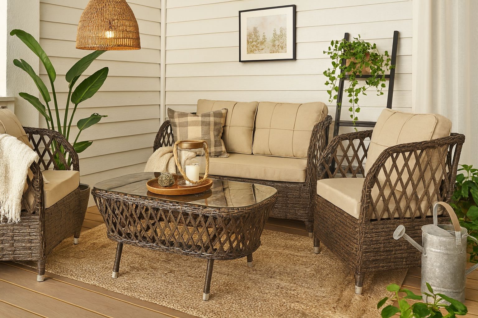 Set MARBELLA, 2 Sillones + Sofá 2 plazas + mesa, aluminio, ratán chocolate, cojines incluidos