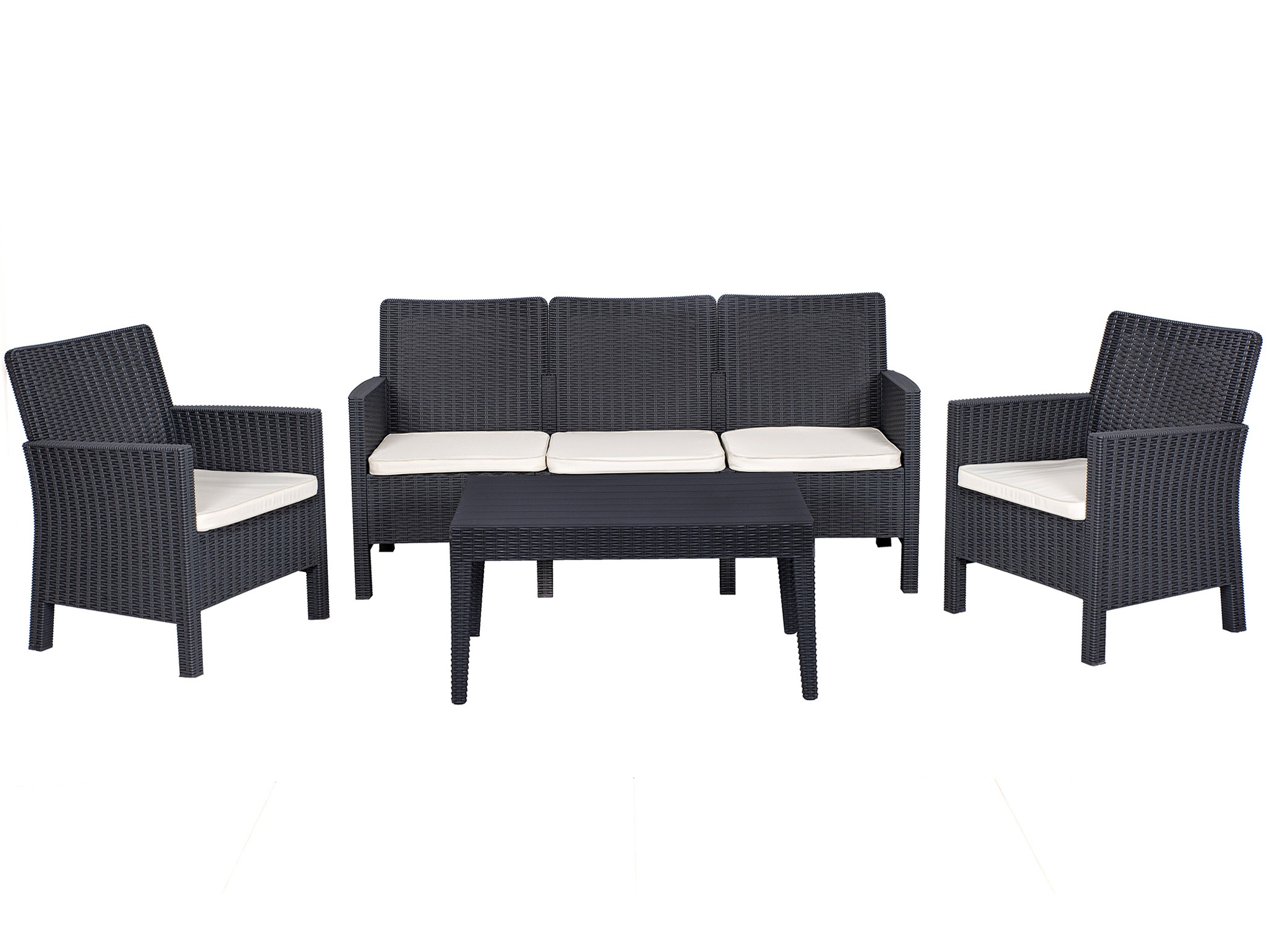 Set ADRIÁTICO, 2 Sillones + Sofá 3 plazas + mesa, polipropileno antracita, cojines incluidos