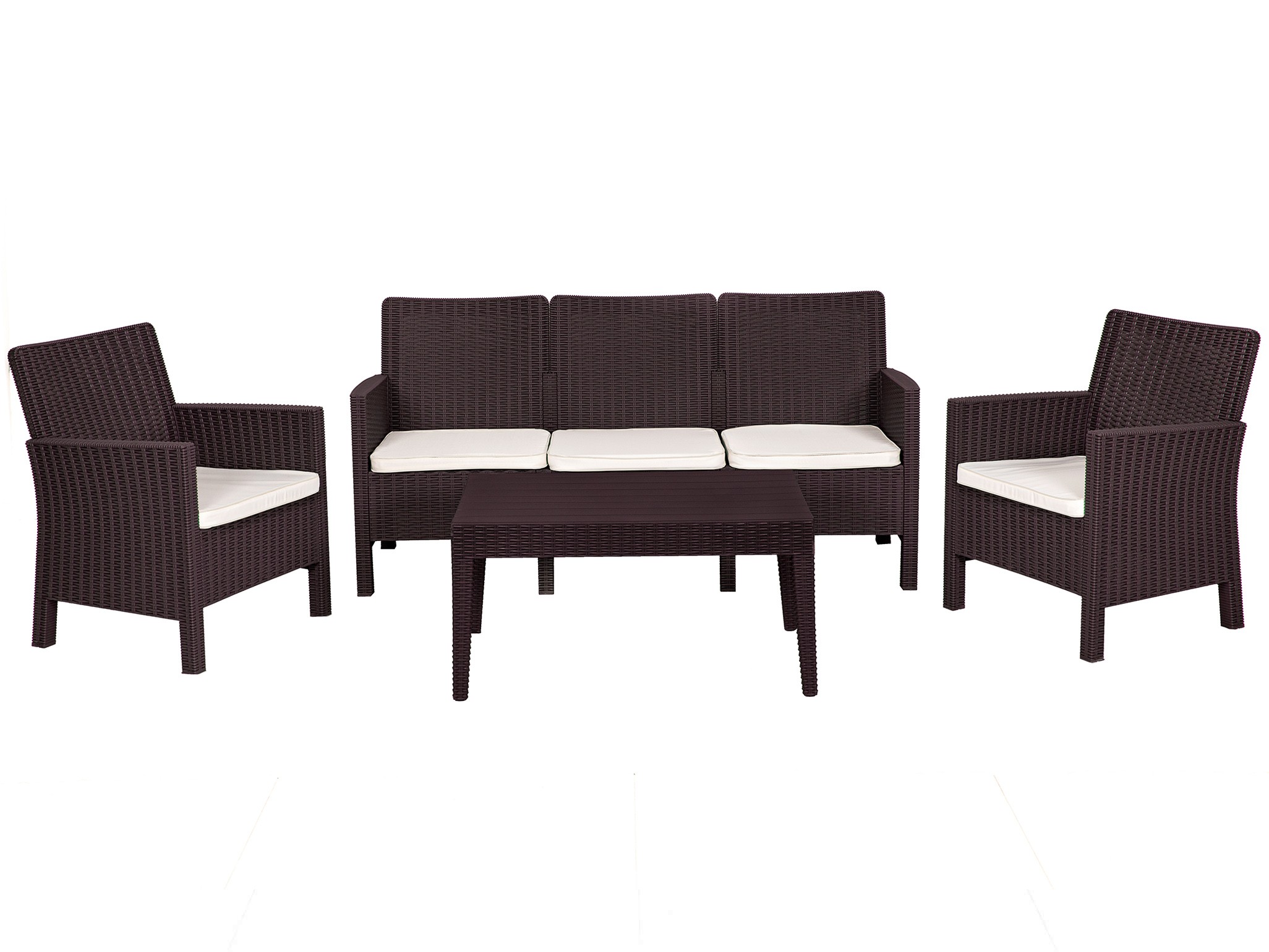Set ADRIÁTICO, 2 Sillones + Sofá 3 plazas + mesa, polipropileno chocolate, cojines incluidos