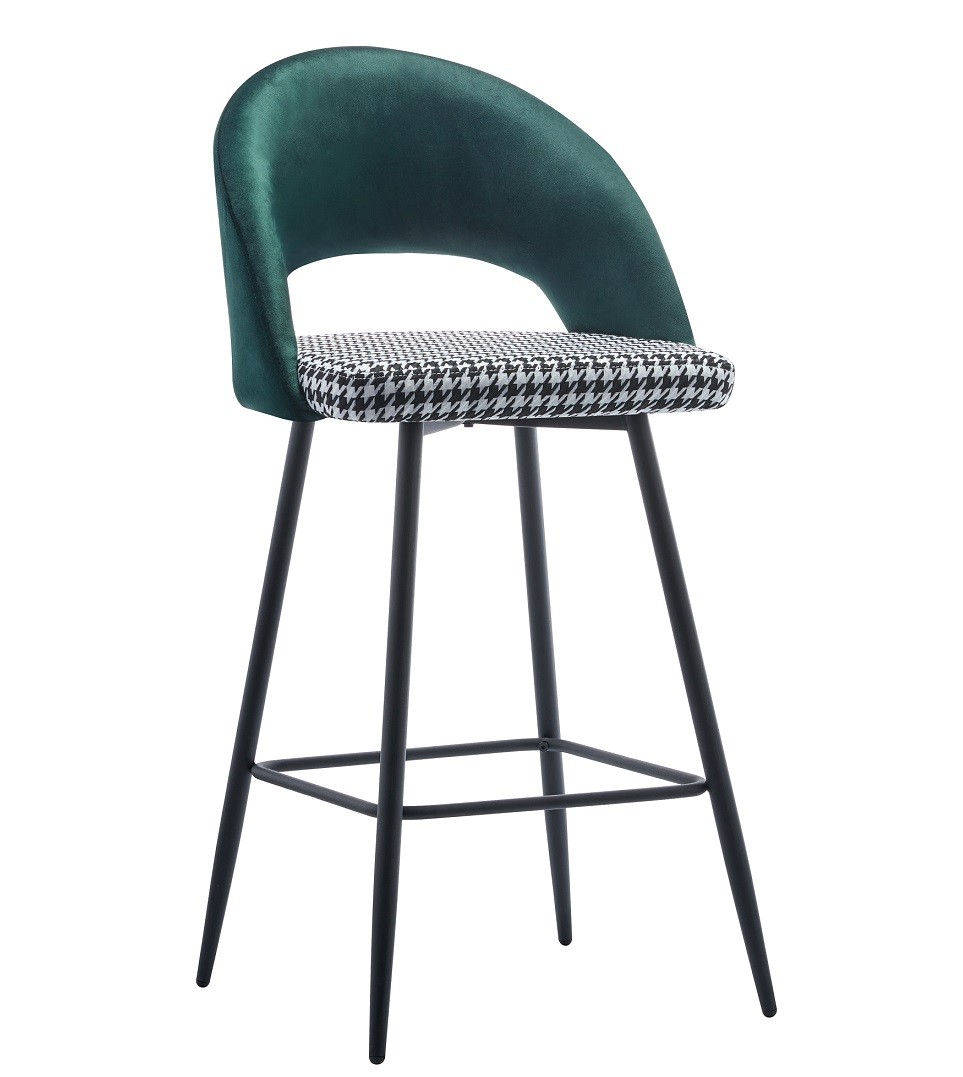 Taburete CLEO, metal, tapizado verde con pata de gallo