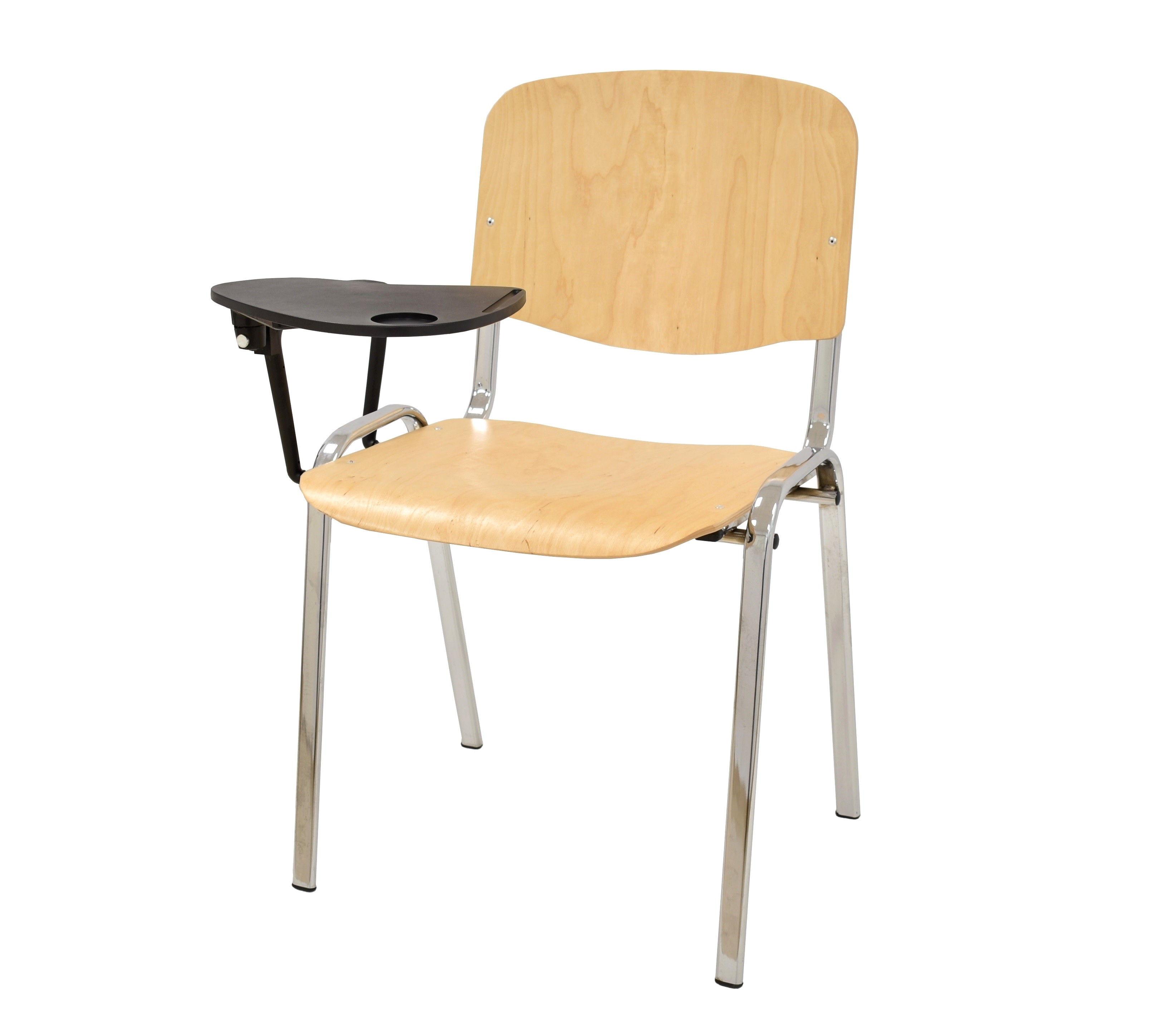 Silla NIZA NEW, chasis cromado, pala escritura, madera natural