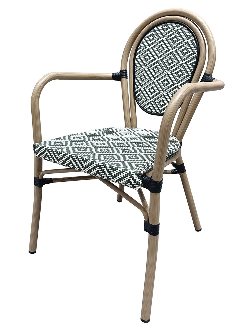 Sillón TARAMAY, apilable, aluminio, mesh crema y verde