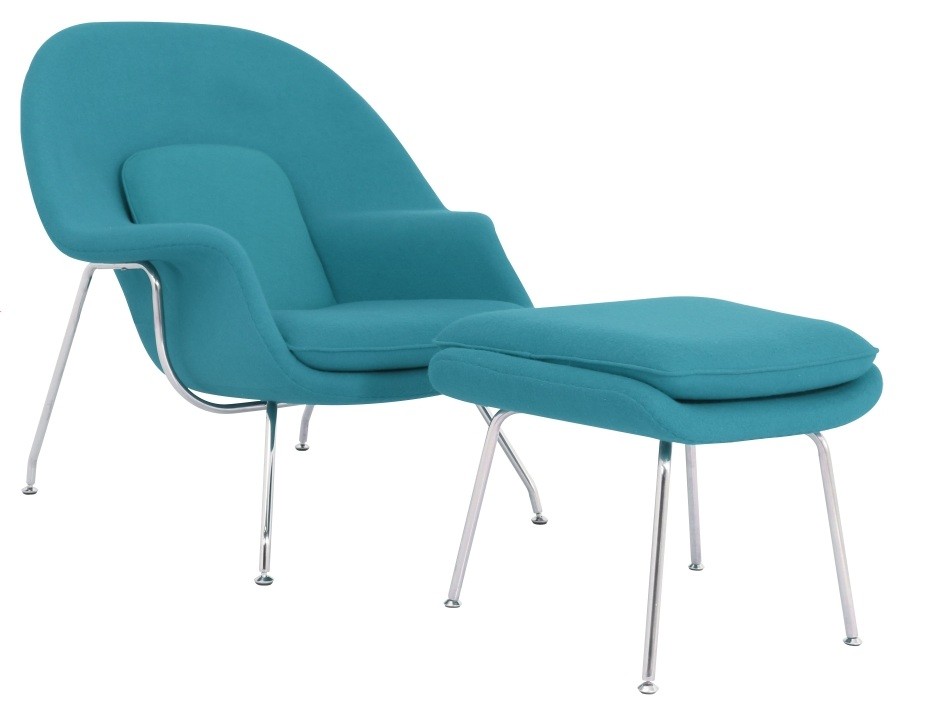 Sillón con ottoman WOW, fibra de vidrio, acero inoxidable, tejido cachemir cian