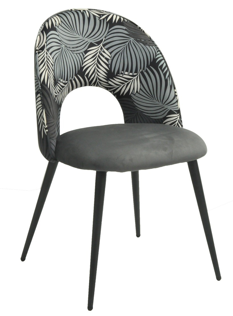 Silla ORQUIDEA, metal, tapizado velvet gris con respaldo floral a juego