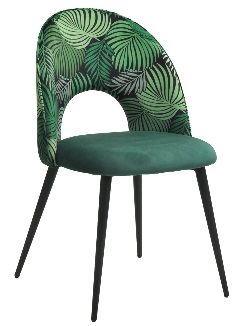 Silla ORQUIDEA, metal, tapizado velvet verde con respaldo floral a juego