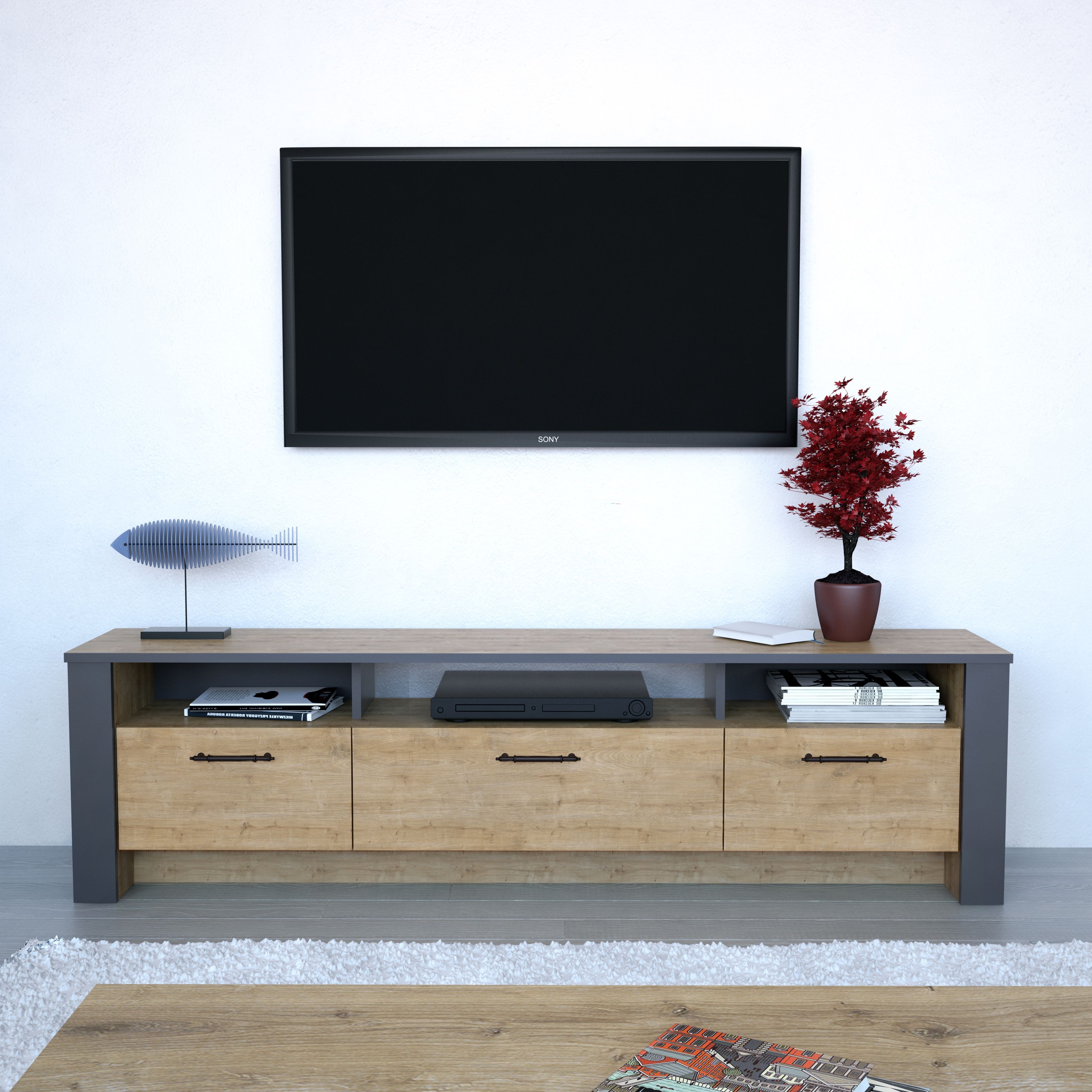 Mueble de TV PHILIPPA, bilaminado roble con gris oscuro, 180 cms.