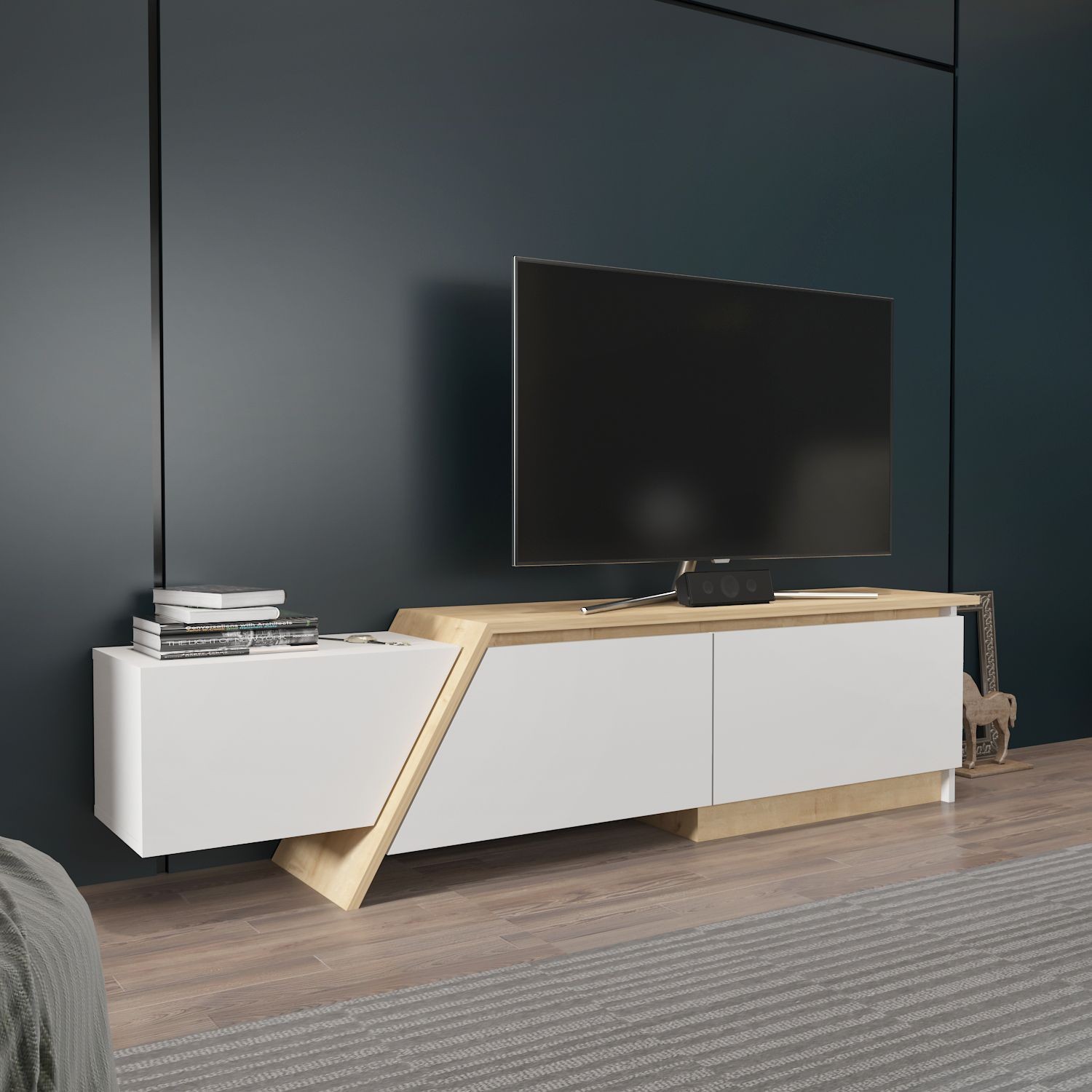 Mueble de TV PRUDENCE, bilaminado blanco con roble